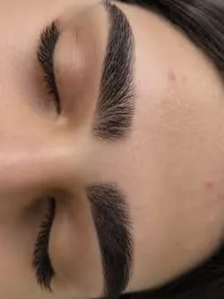 Sobrancelhas volumosas com design e acabamento marcado, em foto de perto com os olhos fechados