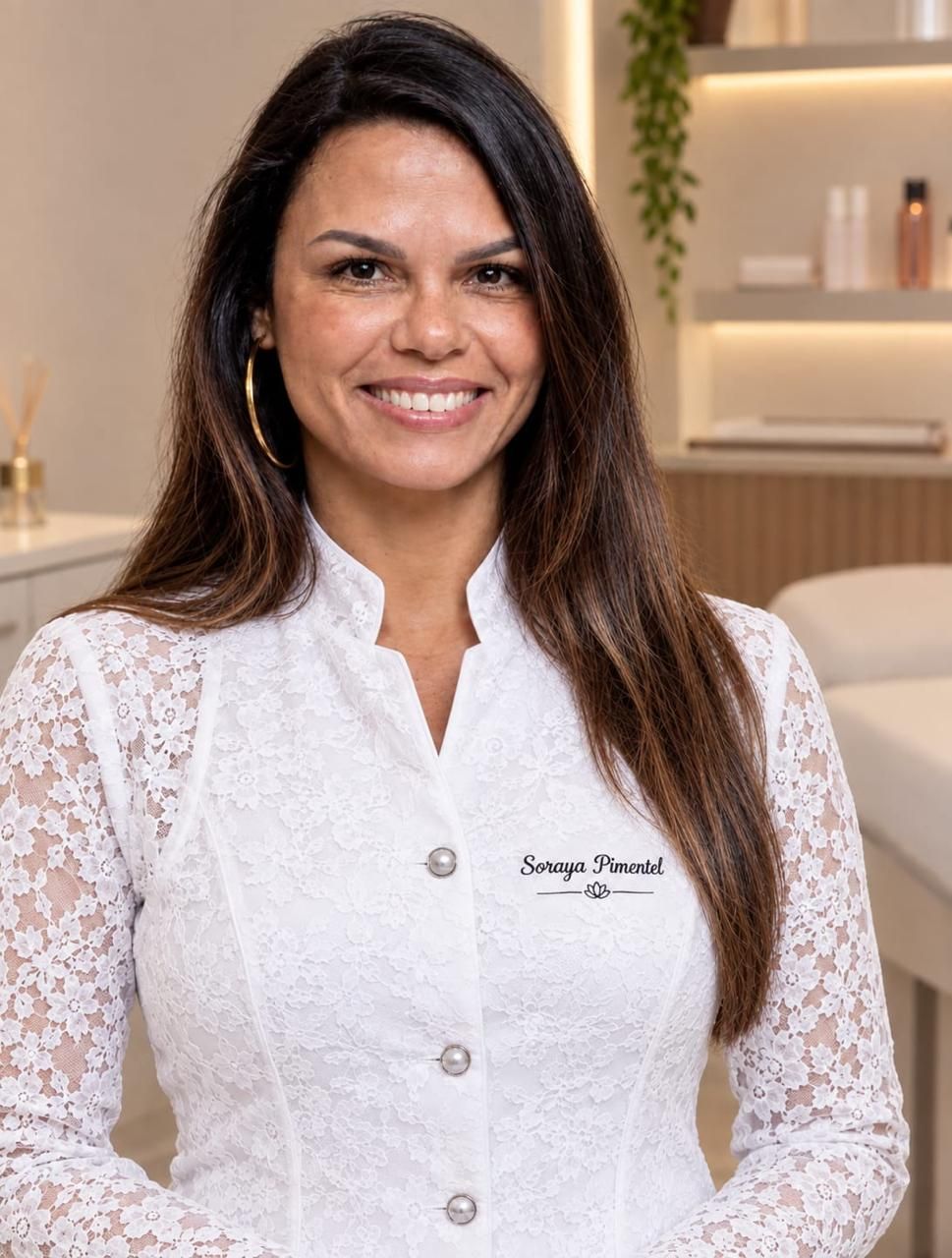 Soraya Pimentel sorrindo, de jaleco branco de renda, em sala de atendimento.